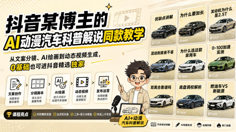 抖音某博主的AI动漫汽车科普解说同款教学,从文案分镜、AI绘画到动态视频生成,0基础解锁抖音精选独家收益 抖音某博主的AI动漫汽车科普解说同款教学,从文案分镜、AI绘画到动态视频生成,0基础解锁抖音精选独家收益