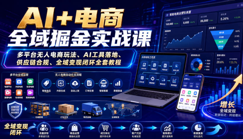 AI+电商全域掘金实战课|多平台无人电商玩法、AI工具落地、供应链合规、全域变现闭环全套教程 AI+电商全域掘金实战课|多平台无人电商玩法、AI工具落地、供应链合规、全域变现闭环全套教程