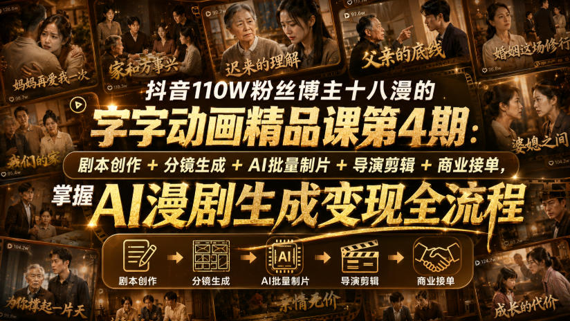 抖音110W粉丝博主十八漫的字字动画精品课第4期:剧本创作+分镜生成+剪辑+商业接单,掌握AI漫剧生成变现全流程 抖音110W粉丝博主十八漫的字字动画精品课第4期:剧本创作+分镜生成+剪辑+商业接单,掌握AI漫剧生成变现全流程