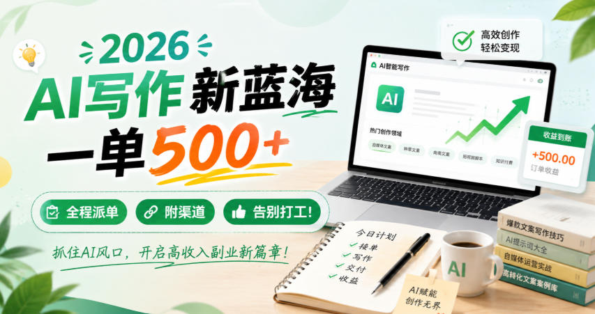 2026 AI写作新蓝海,一单500+,全程派单,附渠道,告别打工!【揭秘】 2026 AI写作新蓝海,一单500+,全程派单,附渠道,告别打工!【揭秘】