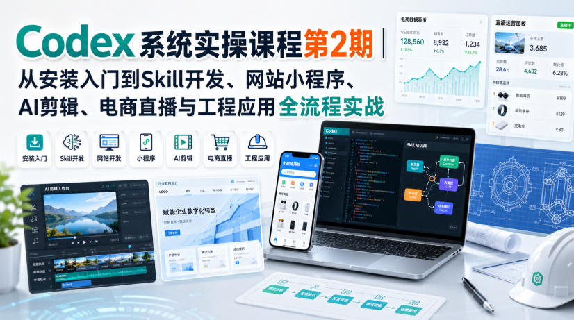 Codex系统实操课程第2期|从安装入门到Skill开发、网站小程序、AI剪辑、电商直播与工程应用全流程实战 Codex系统实操课程第2期|从安装入门到Skill开发、网站小程序、AI剪辑、电商直播与工程应用全流程实战