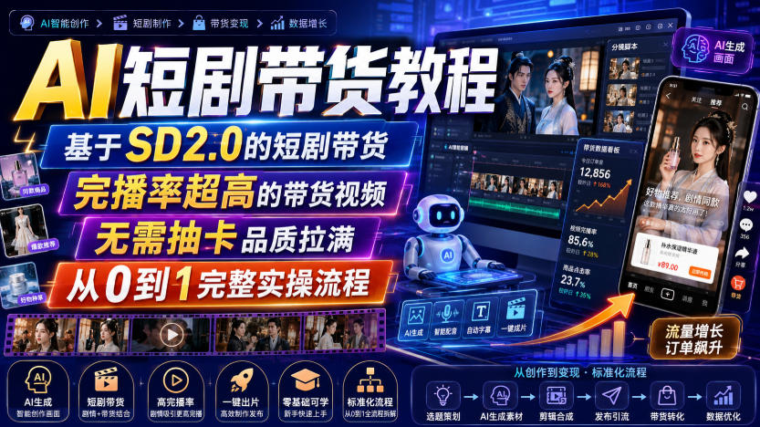 AI短剧带货教程,基于SD2.0的短剧带货,完播率超高的带货视频,无需抽卡品质拉满,从0到1完整实操流程 AI短剧带货教程,基于SD2.0的短剧带货,完播率超高的带货视频,无需抽卡品质拉满,从0到1完整实操流程