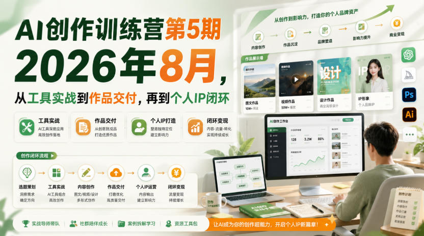 AI创作训练营第5期2026年8月,从工具实战到作品交付,再到个人IP闭环 AI创作训练营第5期2026年8月,从工具实战到作品交付,再到个人IP闭环