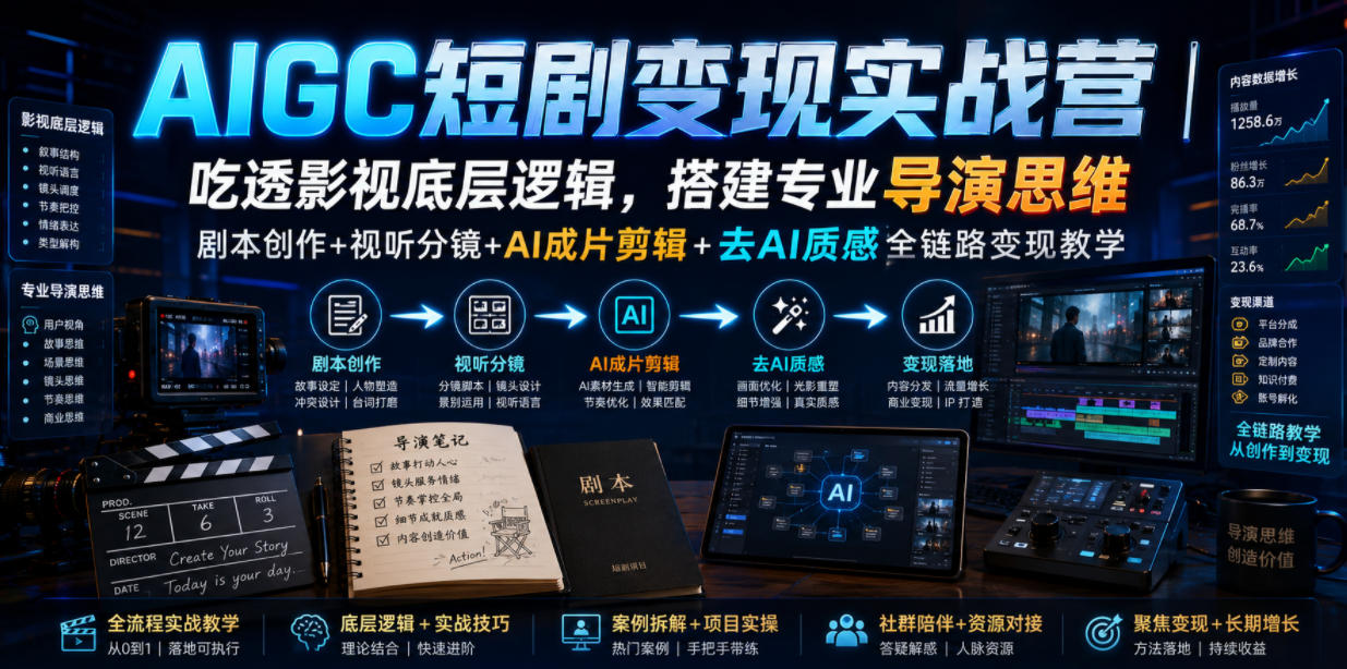 AIGC短剧变现实战营|吃透影视底层逻辑,搭建专业导演思维,剧本创作+视听分镜+AI成片剪辑+去AI质感全链路变现教学 AIGC短剧变现实战营|吃透影视底层逻辑,搭建专业导演思维,剧本创作+视听分镜+AI成片剪辑+去AI质感全链路变现教学