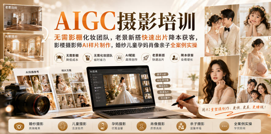 AIGC摄影培训|无需影棚化妆团队,老景新搭快速出片降本获客,影楼摄影师AI样片制作,婚纱儿童孕妈肖像亲子全案例实操 AIGC摄影培训|无需影棚化妆团队,老景新搭快速出片降本获客,影楼摄影师AI样片制作,婚纱儿童孕妈肖像亲子全案例实操
