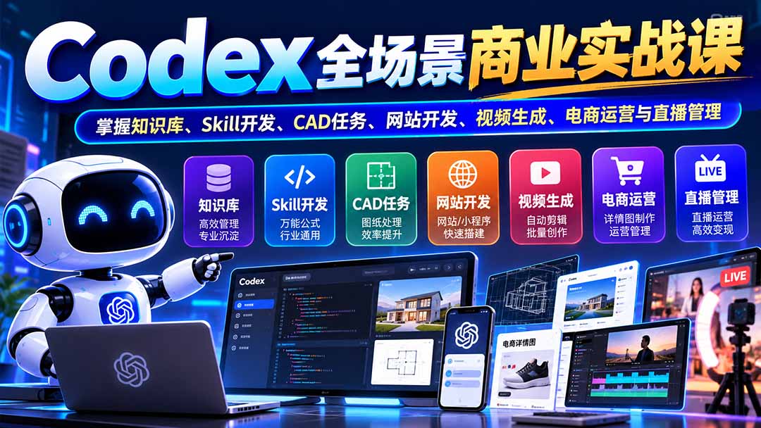 (20712期)【无水印】Codex全场景商业实战课:掌握知识库、Skill开发、CAD任务、网站开发、视频生成、电商运营与直播管理 (20712期)【无水印】Codex全场景商业实战课:掌握知识库、Skill开发、CAD任务、网站开发、视频生成、电商运营与直播管理