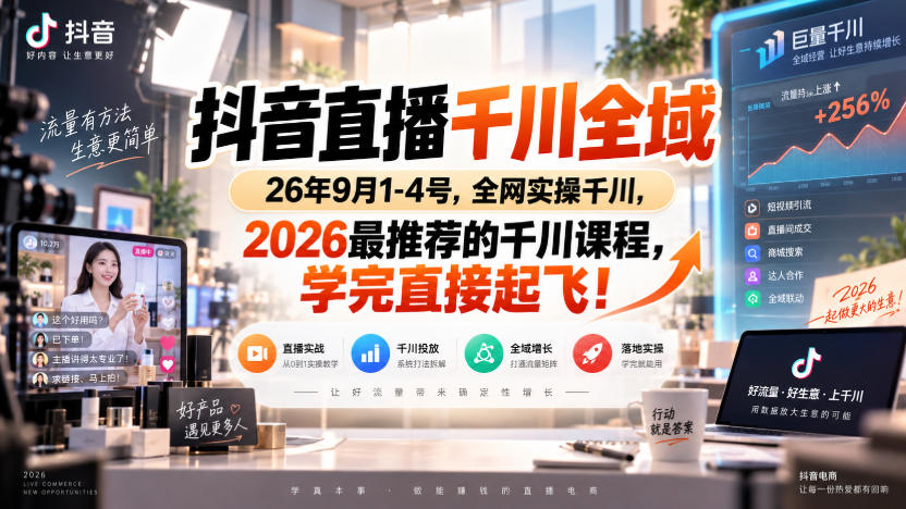 抖音直播千川全域26年9月1-4号,全网实操千川,2026最推荐的千川课程,学完直接起飞! 抖音直播千川全域26年9月1-4号,全网实操千川,2026最推荐的千川课程,学完直接起飞!