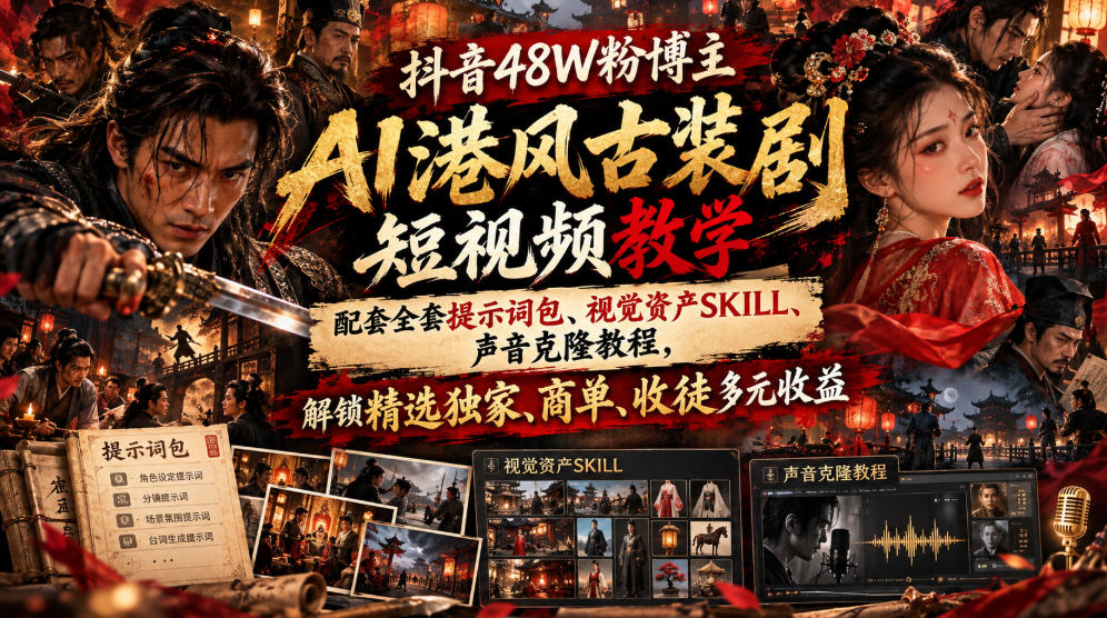 抖音48W粉博主AI港风古装剧短视频教学，配套全套提示词包、视觉资产SKILL、声音克隆教程，解锁精选独家、商单、收徒多元收益
