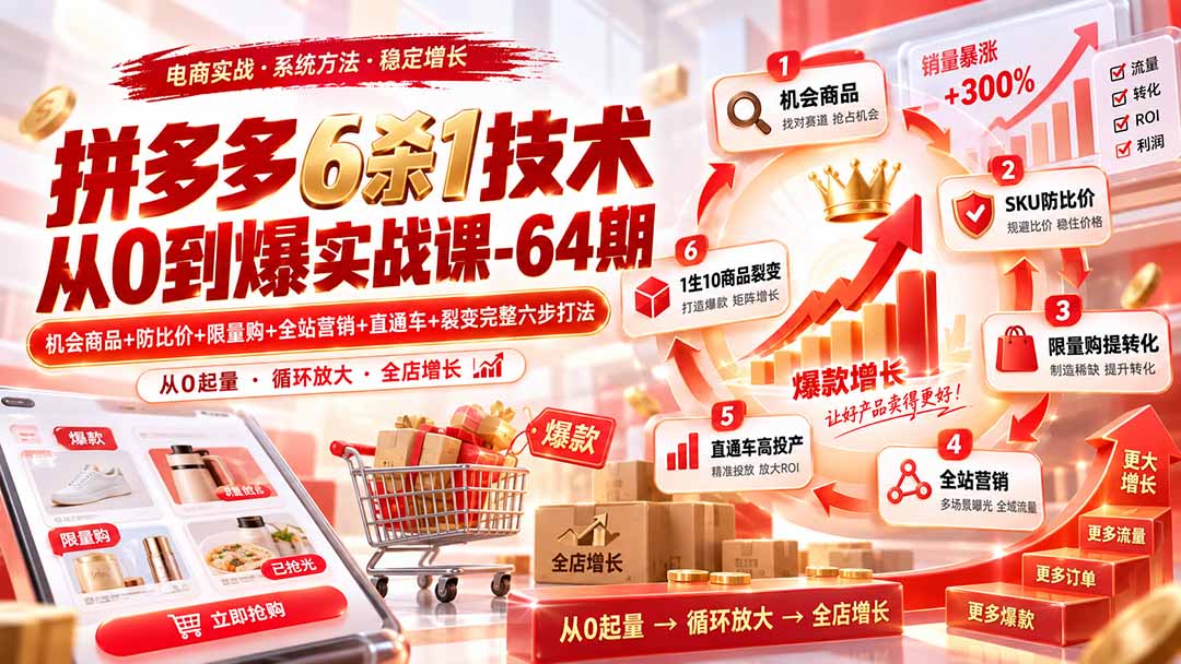 (20315期)拼多多6杀1技术从0到爆实战课-64期:机会商品+防比价+限量购+全站营销+直通车+裂变完整六步打法 (20315期)拼多多6杀1技术从0到爆实战课-64期:机会商品+防比价+限量购+全站营销+直通车+裂变完整六步打法