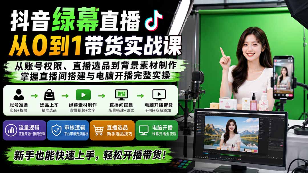 (20224期)抖音绿幕直播从0到1带货实战课:从账号权限、直播选品到背景素材制作,掌握直播间搭建与电脑开播完整实操 (20224期)抖音绿幕直播从0到1带货实战课:从账号权限、直播选品到背景素材制作,掌握直播间搭建与电脑开播完整实操