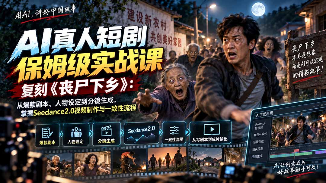 (20359期)AI真人短剧保姆级实战课,复刻《丧尸下乡》:从爆款剧本、人物设定到分镜生成,掌握Seedance2.0视频制作与一致性流程 (20359期)AI真人短剧保姆级实战课,复刻《丧尸下乡》:从爆款剧本、人物设定到分镜生成,掌握Seedance2.0视频制作与一致性流程