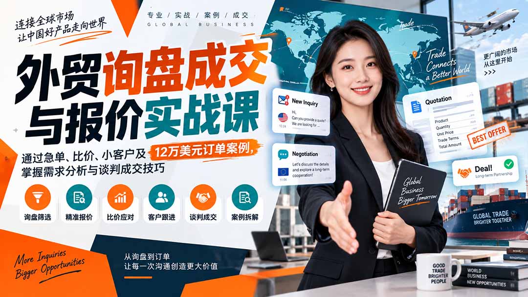 (20424期)外贸询盘成交与报价实战课:通过急单、比价、小客户及12万美元订单案例,掌握需求分析与谈判成交技巧 (20424期)外贸询盘成交与报价实战课:通过急单、比价、小客户及12万美元订单案例,掌握需求分析与谈判成交技巧