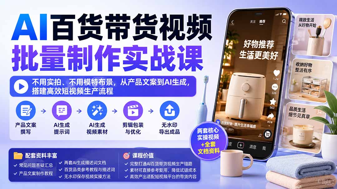 (20179期)AI百货带货视频批量制作实战课:不用实拍、不用模特布景,从产品文案到AI生成,搭建高效短视频生产流程 (20179期)AI百货带货视频批量制作实战课:不用实拍、不用模特布景,从产品文案到AI生成,搭建高效短视频生产流程