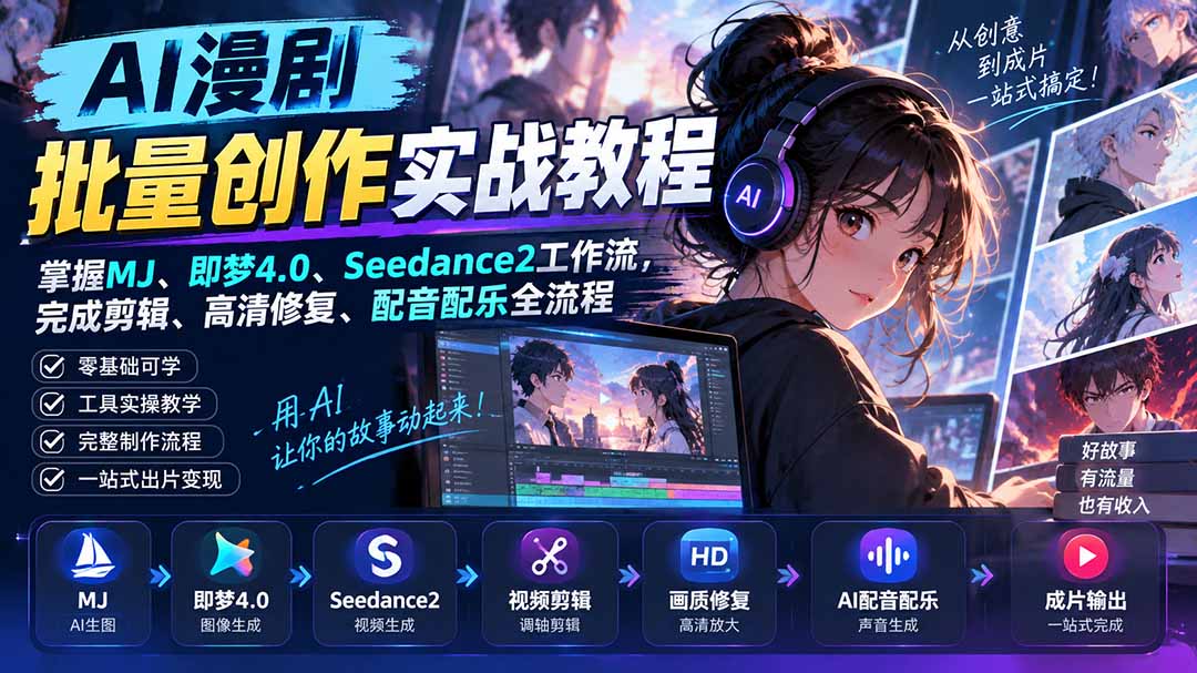 (20488期)AI漫剧批量创作实战教程:掌握MJ、即梦4.0、Seedance2工作流,完成剪辑、高清修复、配音配乐全流程 (20488期)AI漫剧批量创作实战教程:掌握MJ、即梦4.0、Seedance2工作流,完成剪辑、高清修复、配音配乐全流程