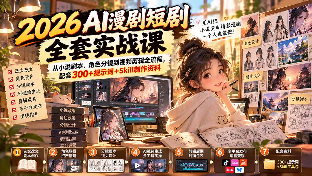 (20629期)2026AI漫剧短剧全套实战课:从小说剧本、角色分镜到视频剪辑全流程,配套300+提示词+Skill制作资料 (20629期)2026AI漫剧短剧全套实战课:从小说剧本、角色分镜到视频剪辑全流程,配套300+提示词+Skill制作资料