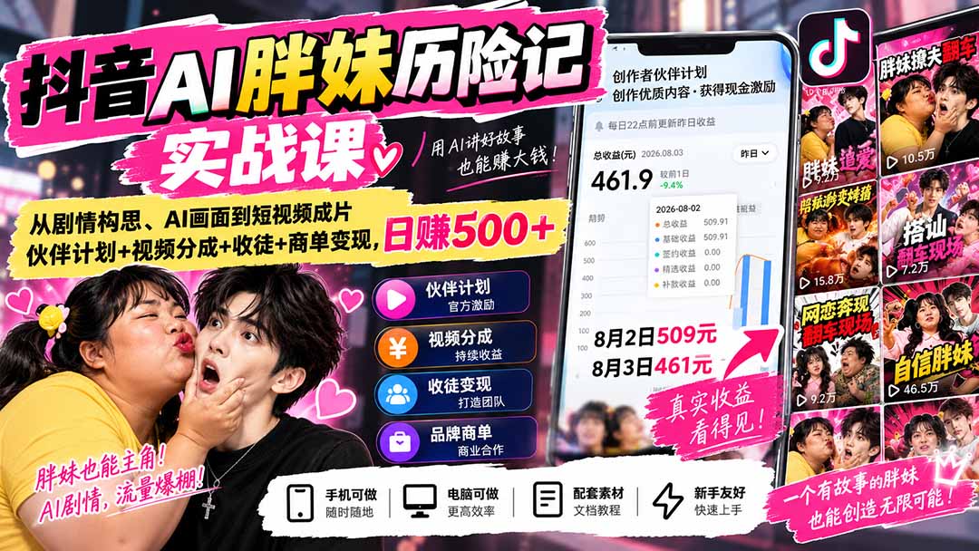 (20489期)抖音AI胖妹历险记实战课:从剧情构思、AI画面到短视频成片,伙伴计划+视频分成+收徒+商单变现,日赚500+ (20489期)抖音AI胖妹历险记实战课:从剧情构思、AI画面到短视频成片,伙伴计划+视频分成+收徒+商单变现,日赚500+
