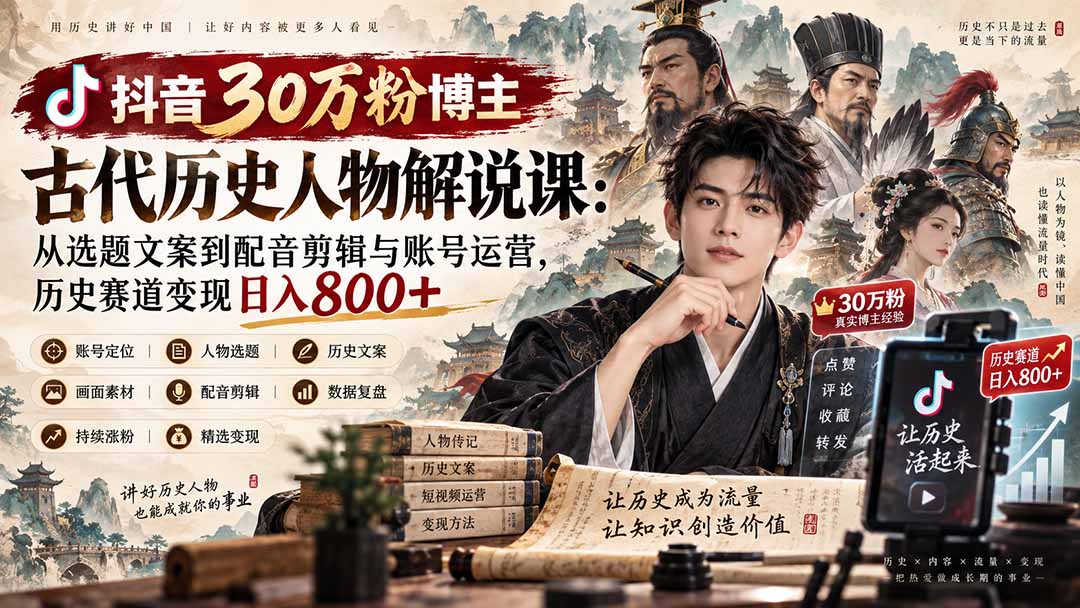 （20441期）抖音30万粉博主古代历史人物解说课：从选题文案到配音剪辑与账号运营，历史赛道变现日入800+