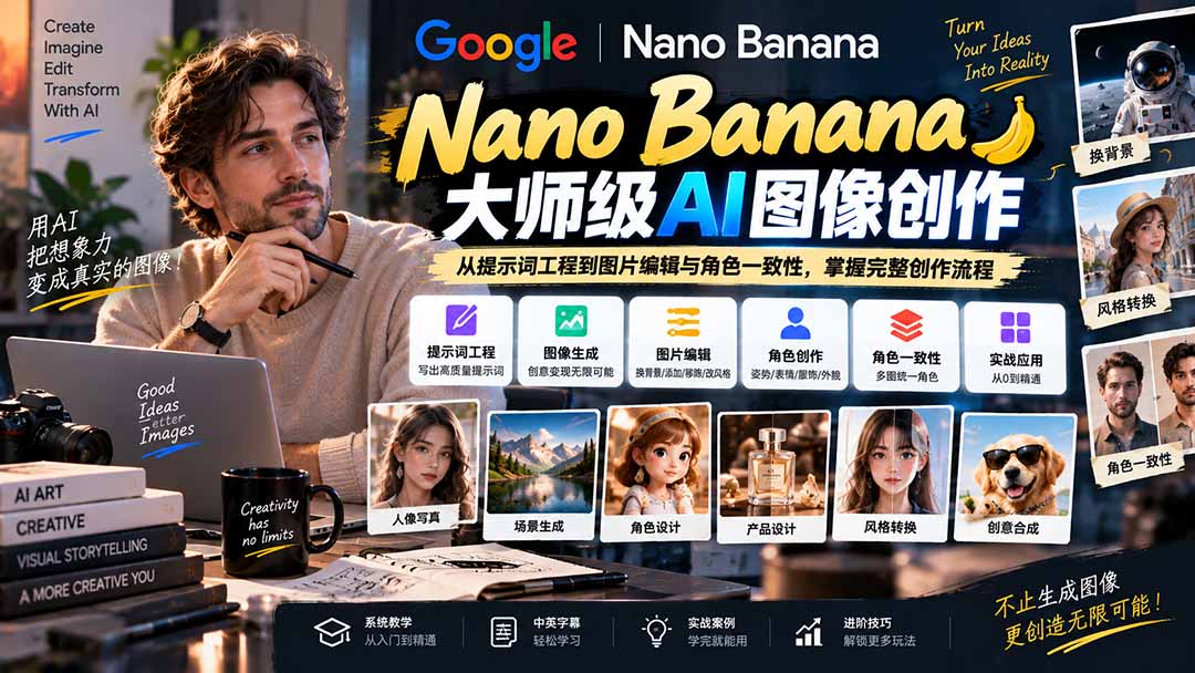 (20609期)【无水印】Nano Banana大师级AI图像实战课:从提示词工程到图片编辑与角色一致性,掌握完整创作流程 (20609期)【无水印】Nano Banana大师级AI图像实战课:从提示词工程到图片编辑与角色一致性,掌握完整创作流程