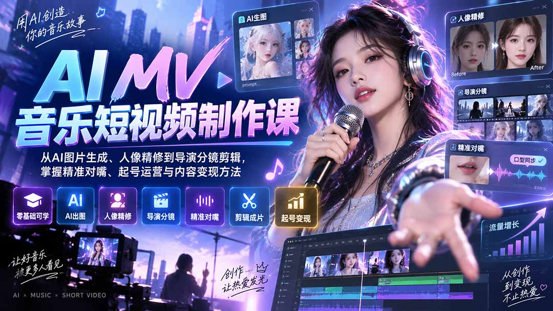 (20364期)AI MV音乐短视频制作课:从AI图片生成、人像精修到导演分镜剪辑,掌握精准对嘴、起号运营与内容变现方法 (20364期)AI MV音乐短视频制作课:从AI图片生成、人像精修到导演分镜剪辑,掌握精准对嘴、起号运营与内容变现方法