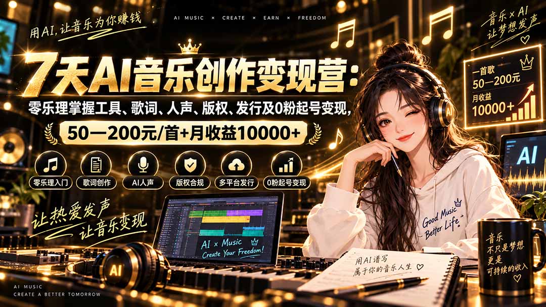(20442期)AI音乐创作变现营:零乐理掌握工具、歌词、人声、版权、发行及0粉起号变现,50—200元/首+月收益10000+ (20442期)AI音乐创作变现营:零乐理掌握工具、歌词、人声、版权、发行及0粉起号变现,50—200元/首+月收益10000+
