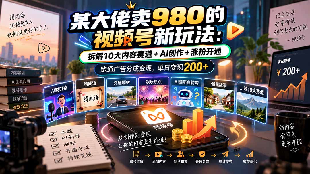 （20573期）某大佬卖980的视频号新玩法：拆解10大内容赛道+AI创作+涨粉开通，跑通广告分成变现，单日变现200+