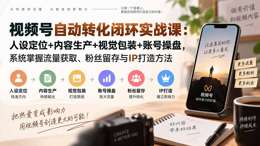 (20327期)视频号自动转化闭环实战课:人设定位+内容生产+视觉包装+账号操盘,系统掌握流量获取、粉丝留存与IP打造方法 (20327期)视频号自动转化闭环实战课:人设定位+内容生产+视觉包装+账号操盘,系统掌握流量获取、粉丝留存与IP打造方法