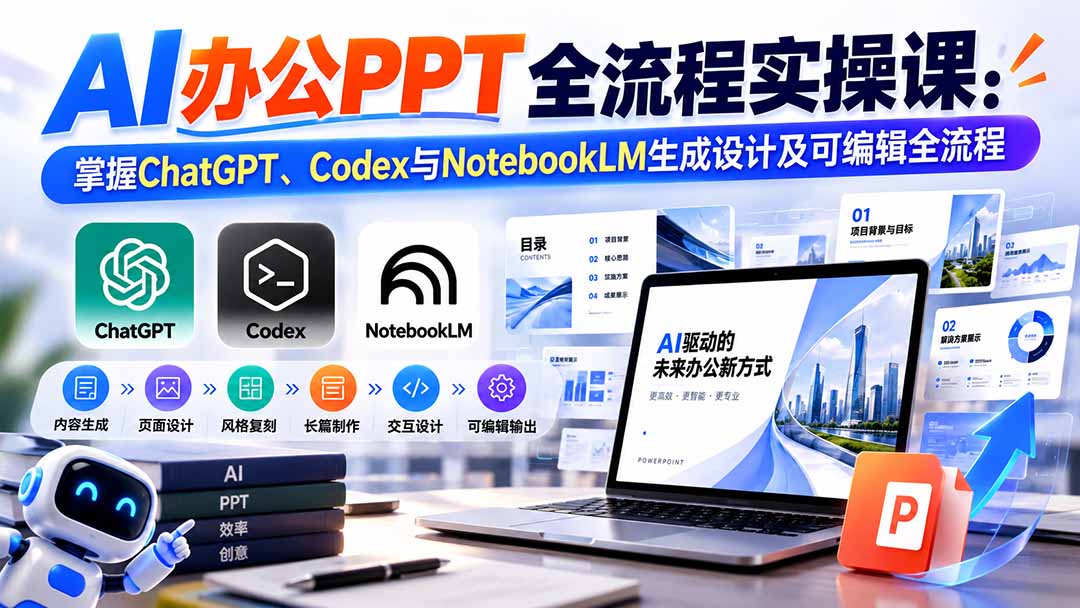 (20660期)【无水印】AI办公PPT全流程实操课: 掌握ChatGPT、Codex与NotebookLM生成设计及可编辑全流程 (20660期)【无水印】AI办公PPT全流程实操课: 掌握ChatGPT、Codex与NotebookLM生成设计及可编辑全流程