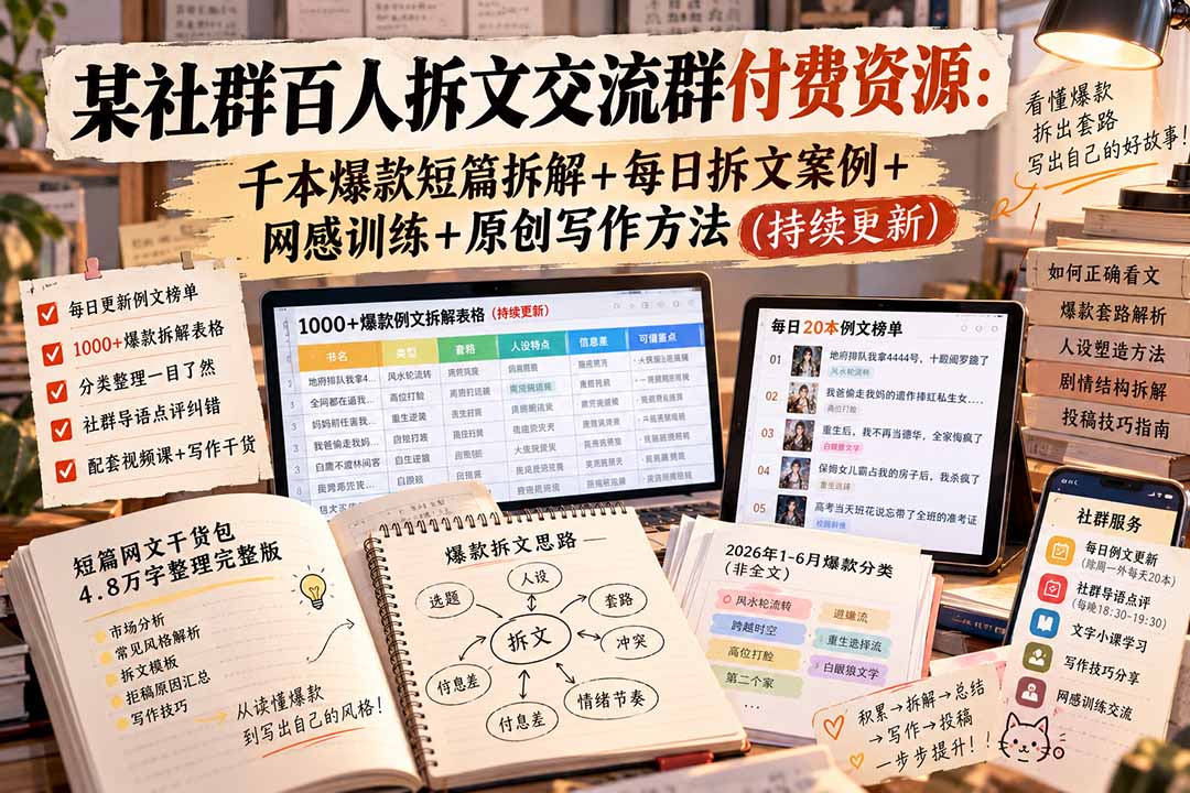 (20635期)某社群百人拆文交流群付费资源:千本爆款短篇拆解+每日拆文案例+网感训练+原创写作方法 (持续更新) (20635期)某社群百人拆文交流群付费资源:千本爆款短篇拆解+每日拆文案例+网感训练+原创写作方法 (持续更新)