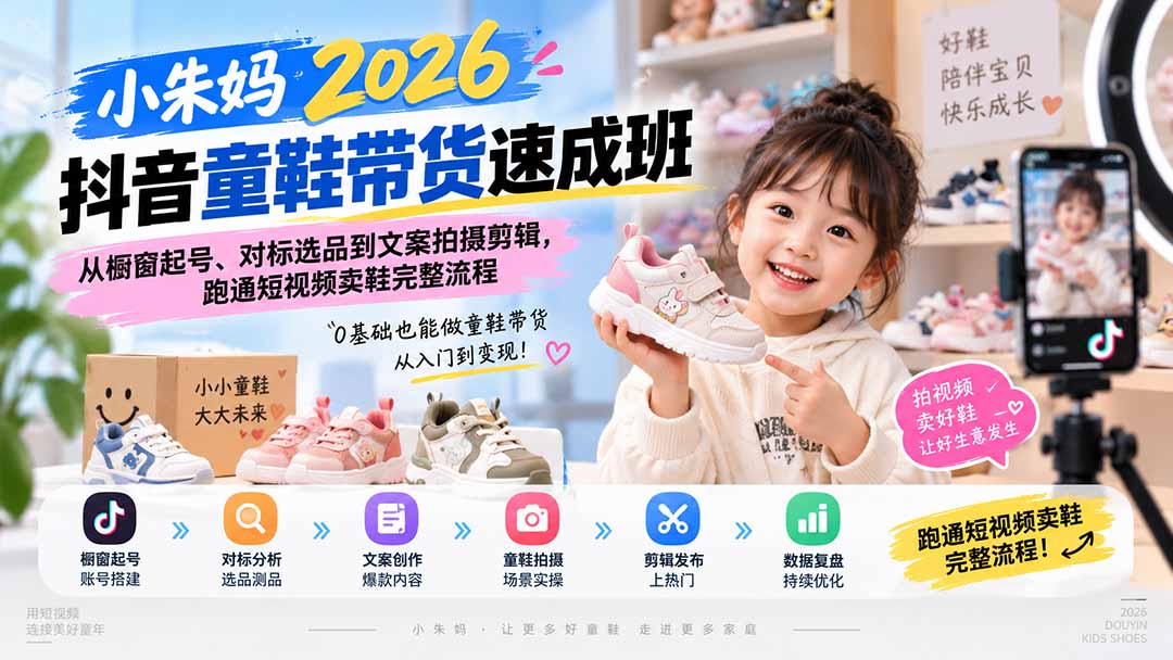 (20267期)小朱妈2026抖音童鞋带货速成班:从橱窗起号、对标选品到文案拍摄剪辑,跑通短视频卖鞋完整流程 (20267期)小朱妈2026抖音童鞋带货速成班:从橱窗起号、对标选品到文案拍摄剪辑,跑通短视频卖鞋完整流程
