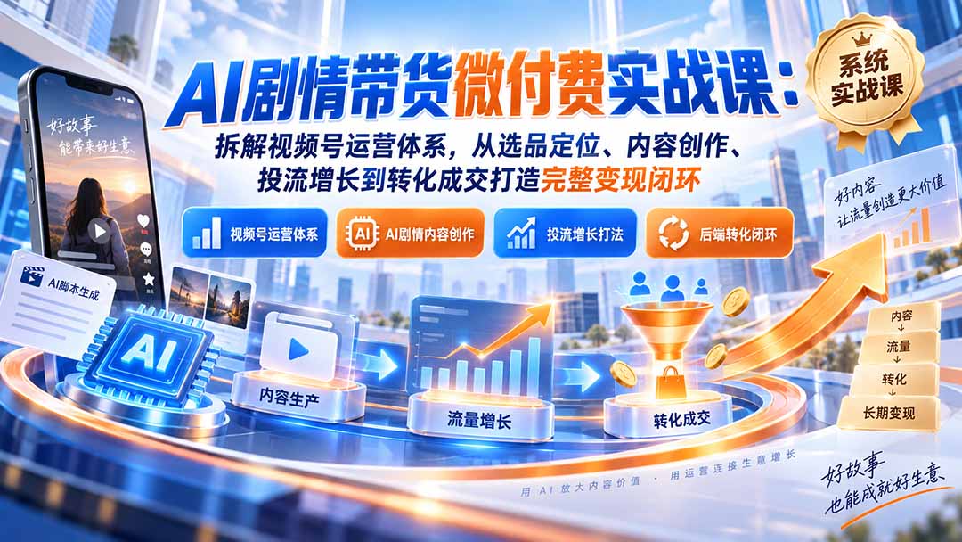 (20611期)AI剧情带货微付费实战课:拆解视频号运营体系,从选品定位、内容创作、投流增长到转化成交打造完整变现闭环 (20611期)AI剧情带货微付费实战课:拆解视频号运营体系,从选品定位、内容创作、投流增长到转化成交打造完整变现闭环
