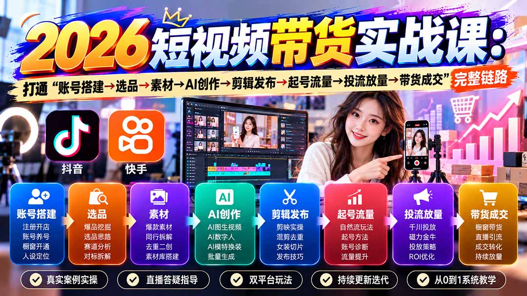 (20731期)2026短视频带货实战课9月:打通“账号搭建→选品→素材→AI创作→剪辑发布→起号流量→投流放量→带货成交”完整链路 (20731期)2026短视频带货实战课9月:打通“账号搭建→选品→素材→AI创作→剪辑发布→起号流量→投流放量→带货成交”完整链路