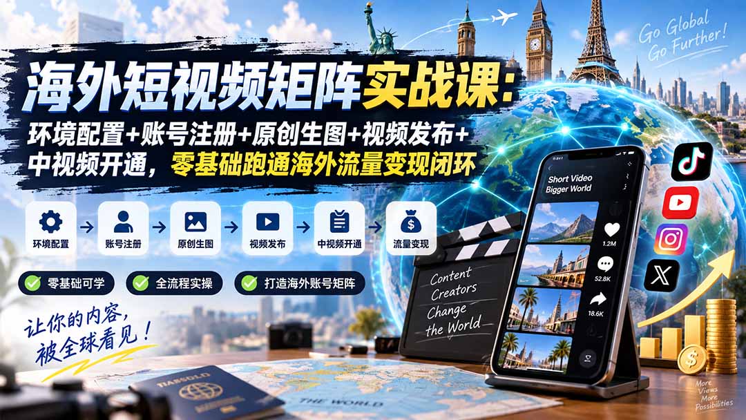 （20470期）海外短视频矩阵实战课：环境配置+账号注册+原创生图+视频发布+中视频开通，零基础跑通海外流量变现闭环