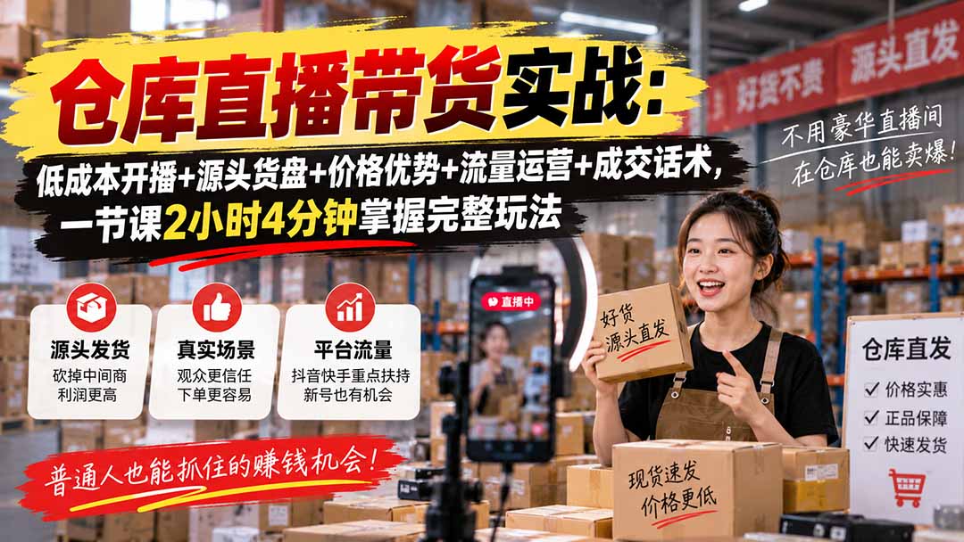 （20471期）仓库直播带货实战：低成本开播+源头货盘+价格优势+流量运营+成交话术，一节课2小时4分钟掌握完整玩法