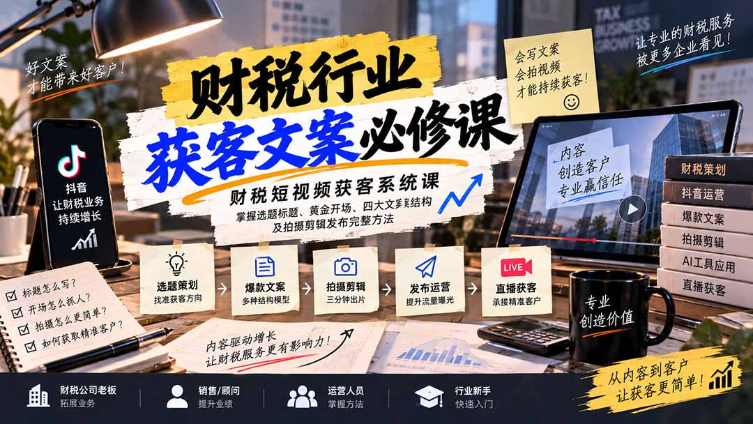 （20591期）财税短视频获客系统课：掌握选题标题、黄金开场、四大文案结构及拍摄剪辑发布完整方法