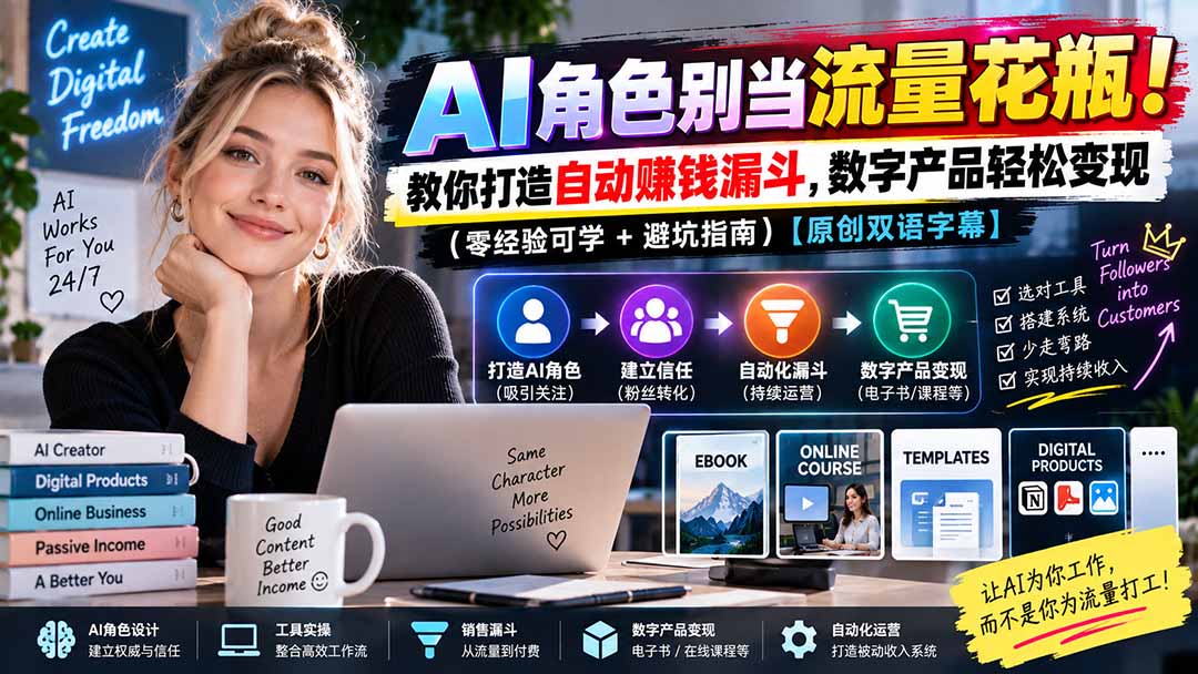 （20475期）AI角色别当流量花瓶！教你打造自动赚钱漏斗，数字产品轻松变现（零经验可学+避坑指南）【原创双语字幕】