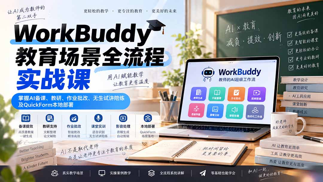 (20518期)WorkBuddy教育场景全流程实战课:掌握AI备课、教研、作业批改、无生试讲陪练及QuickForm本地部署 (20518期)WorkBuddy教育场景全流程实战课:掌握AI备课、教研、作业批改、无生试讲陪练及QuickForm本地部署