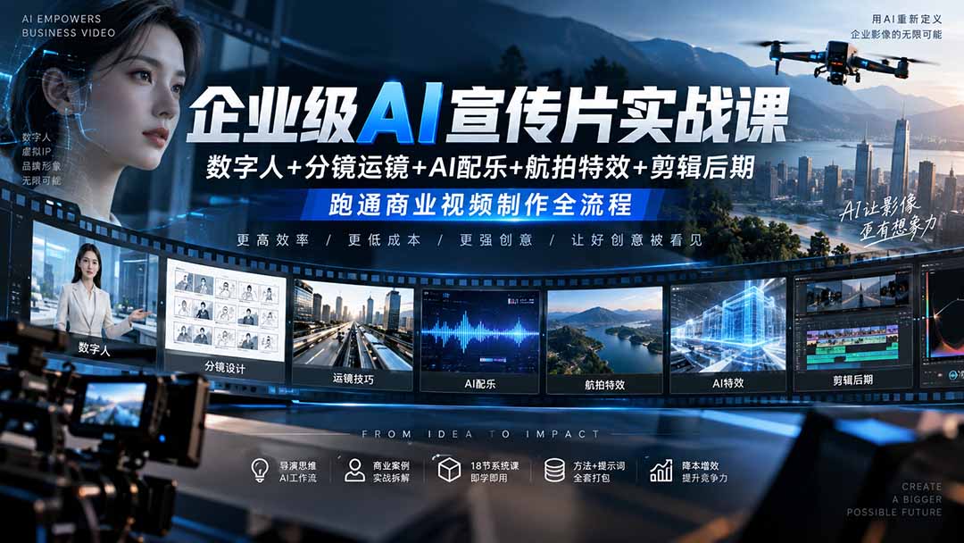 (20548期)企业级AI宣传片实战课|数字人+分镜运镜+AI配乐+航拍特效+剪辑后期,跑通商业视频制作全流程 (20548期)企业级AI宣传片实战课|数字人+分镜运镜+AI配乐+航拍特效+剪辑后期,跑通商业视频制作全流程