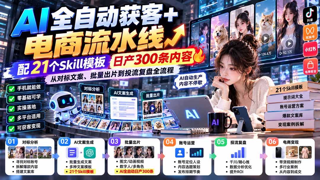 (20664期)AI全自动获客+电商流水线:配21个Skill模板,日产300条内容,从对标文案、批量出片到投流复盘全流程 (20664期)AI全自动获客+电商流水线:配21个Skill模板,日产300条内容,从对标文案、批量出片到投流复盘全流程