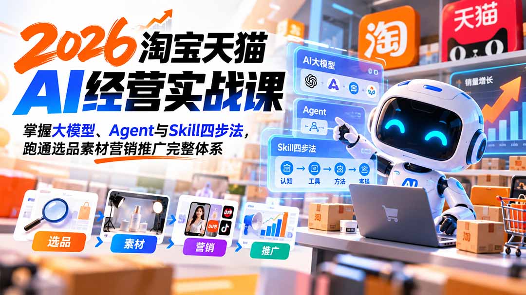 (20676期)【无水印】2026淘宝天猫AI经营实战课:掌握大模型、Agent与Skill四步法,跑通选品素材营销推广完整体系 (20676期)【无水印】2026淘宝天猫AI经营实战课:掌握大模型、Agent与Skill四步法,跑通选品素材营销推广完整体系