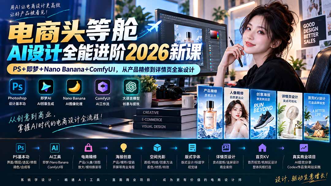 (20284期)电商头等舱AI设计全能进阶2026新课:PS+即梦+Nano Banana+ComfyUI,从产品精修到详情页全案设计 (20284期)电商头等舱AI设计全能进阶2026新课:PS+即梦+Nano Banana+ComfyUI,从产品精修到详情页全案设计