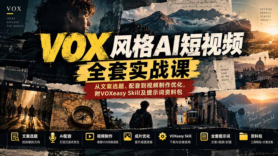 (20677期)【无水印】VOX风格AI短视频全套实战课:从文案选题、配音到视频制作优化,附VOXeasy Skill及提示词资料包 (20677期)【无水印】VOX风格AI短视频全套实战课:从文案选题、配音到视频制作优化,附VOXeasy Skill及提示词资料包