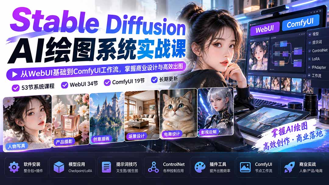 (20678期)Stable Diffusion AI绘图系统实战课:从WebUI基础到ComfyUI工作流,掌握商业设计与高效出图 (20678期)Stable Diffusion AI绘图系统实战课:从WebUI基础到ComfyUI工作流,掌握商业设计与高效出图