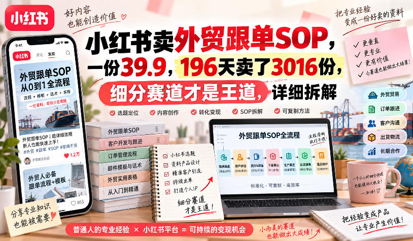 小红书卖外贸跟单sop,一份39.9,196天卖了3016份,细分赛道才是王道,详细拆解 小红书卖外贸跟单sop,一份39.9,196天卖了3016份,细分赛道才是王道,详细拆解