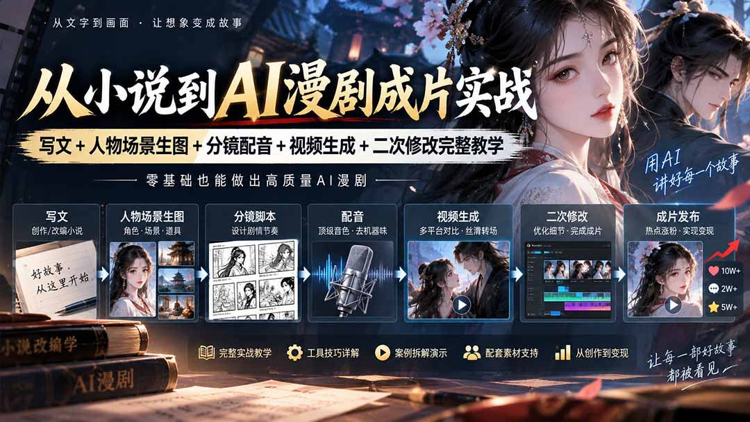 (20577期)从小说到AI漫剧成片实战:写文+人物场景生图+分镜配音+视频生成+二次修改完整教学 (20577期)从小说到AI漫剧成片实战:写文+人物场景生图+分镜配音+视频生成+二次修改完整教学