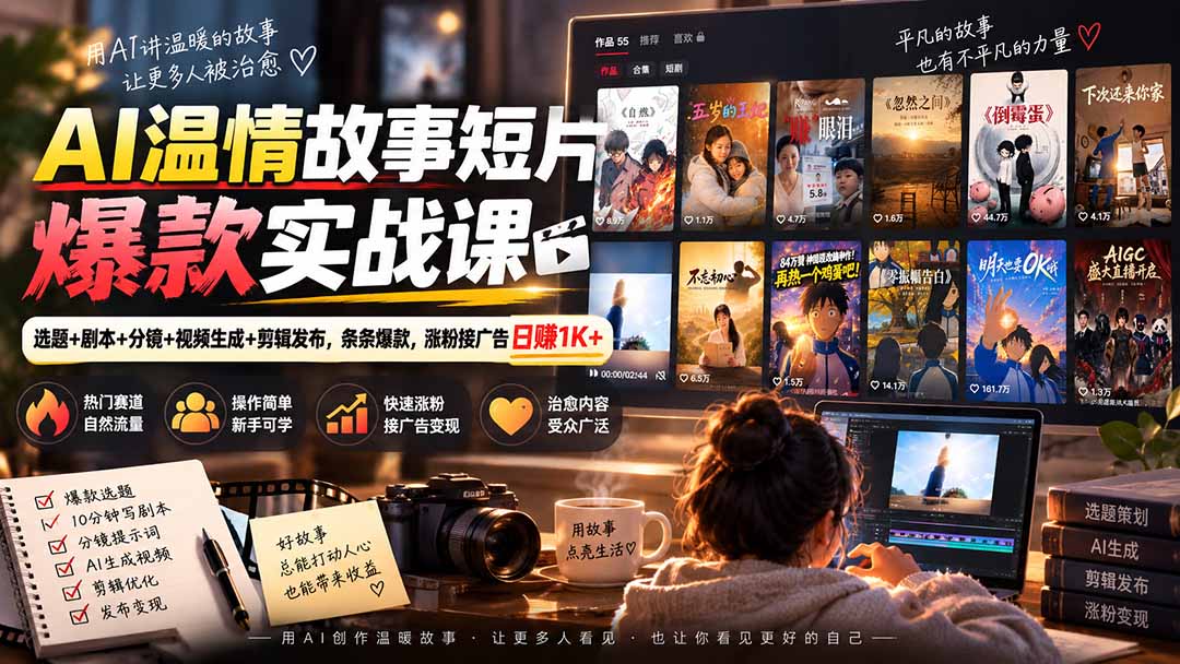 （20477期）AI温情故事短片爆款实战课-更新｜选题+剧本+分镜+视频生成+剪辑发布，条条爆款，涨粉接广告日赚1K+
