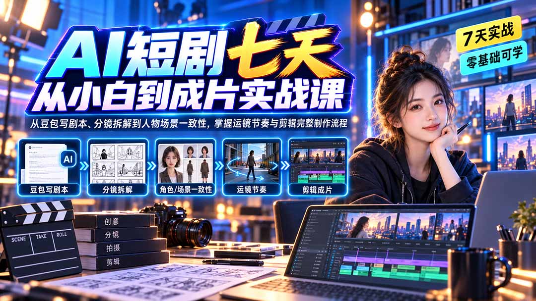 (20329期)AI短剧七天从小白到成片实战课:从豆包写剧本、分镜拆解到人物场景一致性,掌握运镜节奏与剪辑完整制作流程 (20329期)AI短剧七天从小白到成片实战课:从豆包写剧本、分镜拆解到人物场景一致性,掌握运镜节奏与剪辑完整制作流程