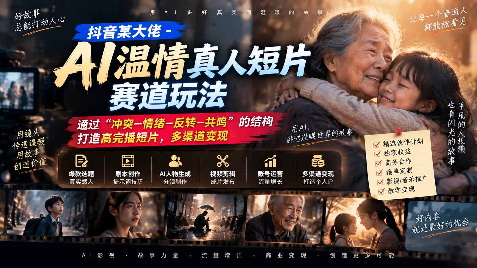 (20538期)抖音某大佬-AI温情真人短片赛道玩法:通过“冲突—情绪—反转—共鸣”的结构打造高完播短片,多渠道变现 (20538期)抖音某大佬-AI温情真人短片赛道玩法:通过“冲突—情绪—反转—共鸣”的结构打造高完播短片,多渠道变现