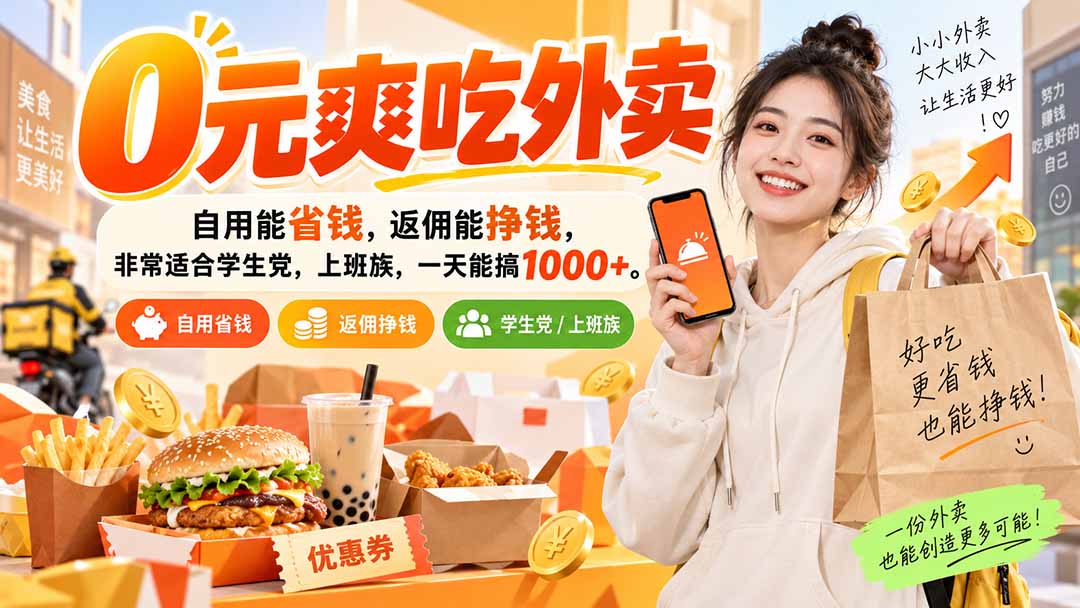 (20309期)0元爽吃外卖,自用能省钱,返佣能挣钱,非常适合学生党,上班族,一天能搞1000+ (20309期)0元爽吃外卖,自用能省钱,返佣能挣钱,非常适合学生党,上班族,一天能搞1000+