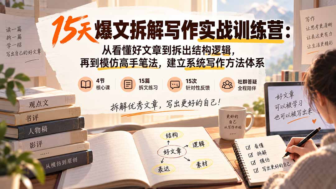 (20271期)15天爆文拆解写作实战训练营:从看懂好文章到拆出结构逻辑,再到模仿高手笔法,建立系统写作方法体系 (20271期)15天爆文拆解写作实战训练营:从看懂好文章到拆出结构逻辑,再到模仿高手笔法,建立系统写作方法体系