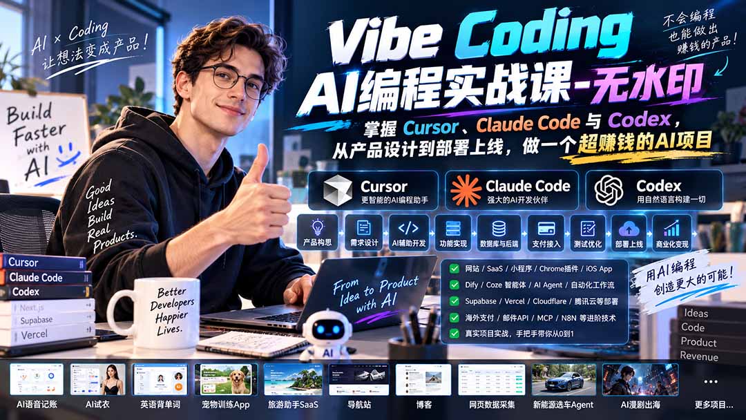 (20431期)Vibe Coding AI编程实战课-无水印:掌握Cursor、Claude Code与Codex,从产品设计到部署上线,做一个超赚钱的AI项目 (20431期)Vibe Coding AI编程实战课-无水印:掌握Cursor、Claude Code与Codex,从产品设计到部署上线,做一个超赚钱的AI项目